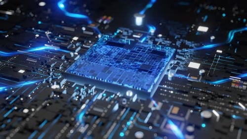 Closeup of Electronic Circuit Board with CPU Microchip Activation