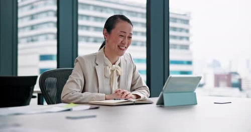 Online meeting, tablet and business woman in Japanese office for webinar, conference and video call