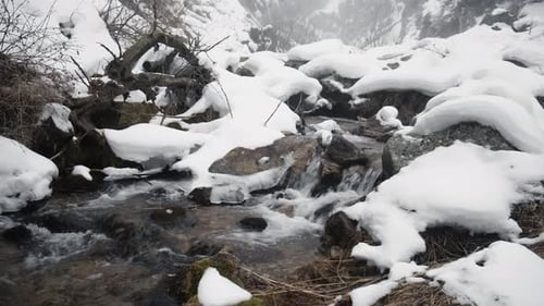 Mountain stream flowing through snowy landscape