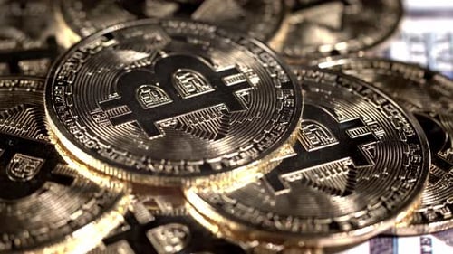 Gold Bitcoin Coins Close-Up