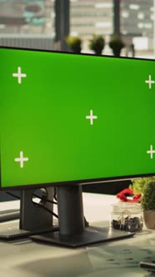 Vertical Video Office Clerk Working on Green Screen Mockup PC