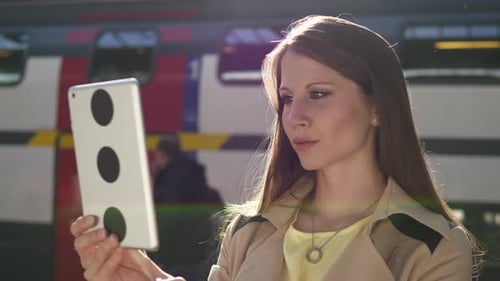 Schöne junge brünette Frau mit langen Haaren mit mobilem Tablet-Bildschirm