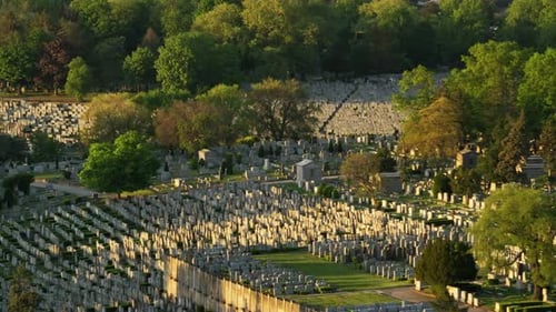 Aerial view of a cemetery at sunset