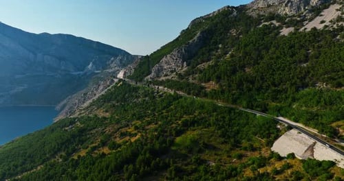 Aerial view of traffic route 8 on the coast of the Makarska riviera in Croatia