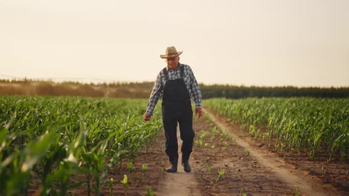 Farmer Walking Through Lush Green Crop Field at Sunset