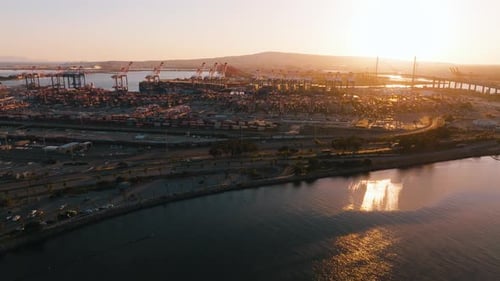 Commercial port with container ship.