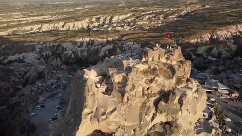 Aerial view of Uchisar castle in Cappadocia, Turkey