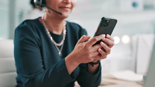 Hands, phone and texting at call center, office and typing with chat, web or customer support job