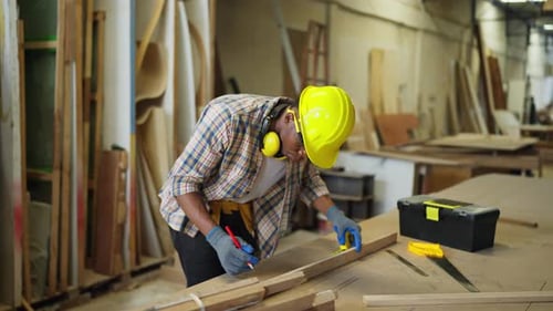 Man Measuring Wood in a Warehouse