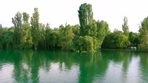 Aerial view of water reservoir with green trees