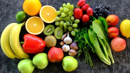 Overhead Still Life of Colorful Fresh Fruits and Vegetables