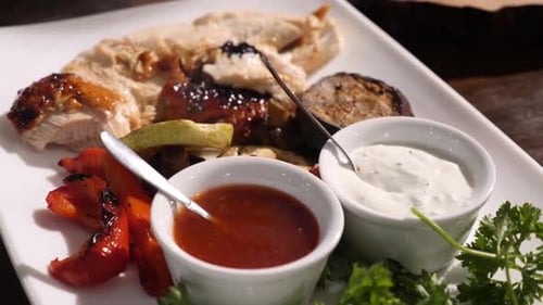 09q. The dish is prepared for Thanksgiving. Baked turkey with sauces and vegetables.