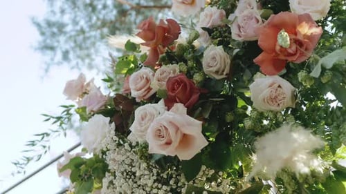 Closeup Bouquet of of Fresh Pink and Yellow Roses with Green Leaves Wedding Arch Details