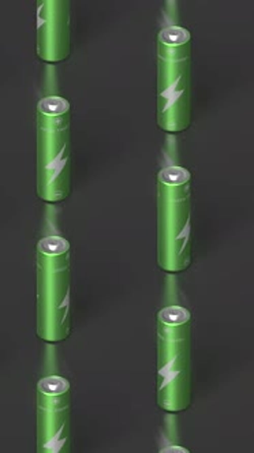 Langsam schleifbares Schwenken über organisierte Reihen von grünen AA-Batterien, 3D-Darstellung von grüner Energie und