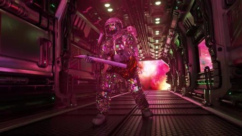 Futuristic Astronaut Rock Star Playing Guitar in Space Corridor