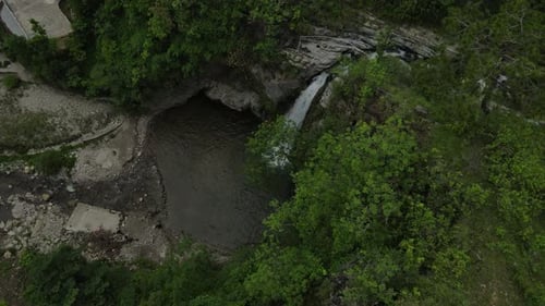 Aerial parallax shot of waterfall in India.