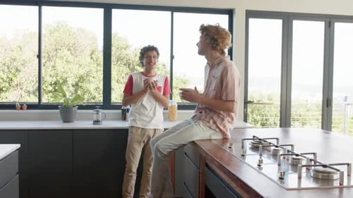 Two Friends Chatting in Modern Kitchen