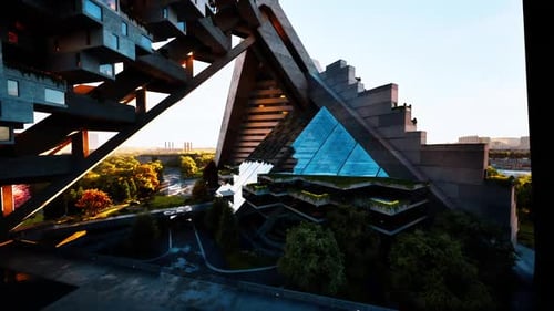 Maravilla arquitectónica moderna con ángulos únicos y vegetación vibrante al atardecer