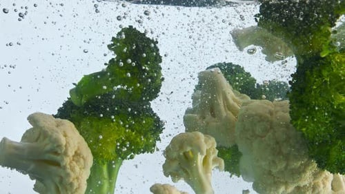 Closeup Cauliflower Broccoli Floating in Water