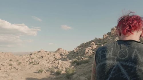 Young man with dyed red hair stands in a middle of a rocky valley, turns around in bewilderment