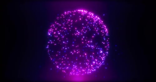 Futuristische abstrakte lila leuchtende Kugel, Kugel aus Punkten und Partikeln, glänzende magische Energie
