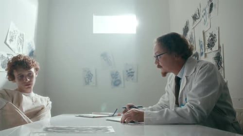 Doctor Attentively Listening to Patient in Straitjacket in Psychiatric Ward