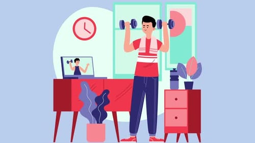 Hombre entrenando en casa con un entrenador en línea en su teléfono inteligente ayudándola