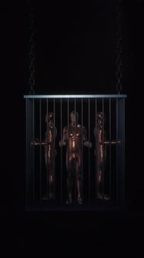 Four Portrait Figures Trapped Inside A Spinning Cage
