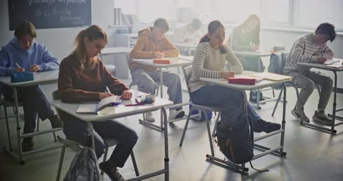 Teenage Students Learning and Writing in a Classroom