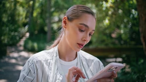 Relaxed Businesswoman Messaging Mobile Phone Standing Summer Park Close Up