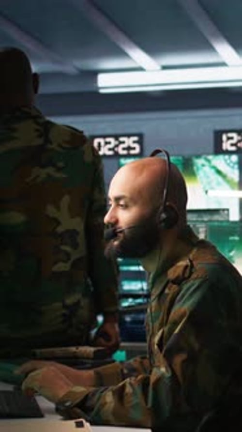 Vertical Video Soldier Solving Tasks in Military HQ Base Gathering Information on Enemy Troops