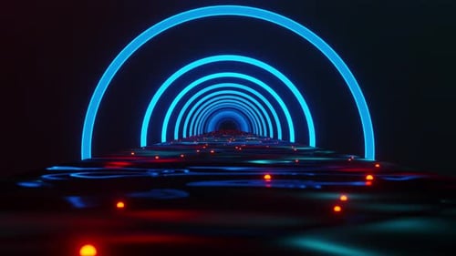 Tunnel with blinking blue semicircles and reflective floor. Looped animation