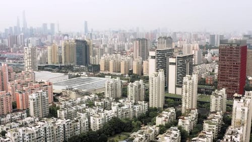 Shanghai cityscape, urban aerial view of skyscrapers towers horizon