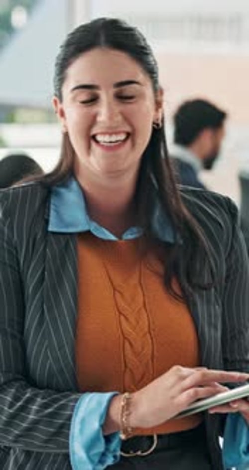 Face, confident or woman with tablet in digital agency, planning editorial calendar or professional