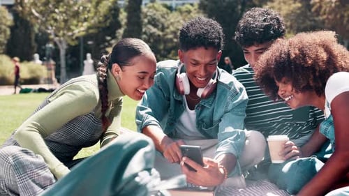 Campus, nature and group of students with smartphone for meme, funny post or comic blog update