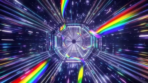 Tunnel hyperspatial futuriste avec traînées lumineuses arc-en-ciel
