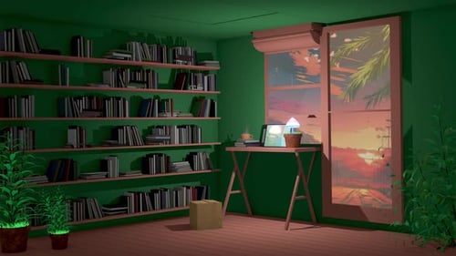 Cozy Study Room with Bookshelf and Sunset Window Animation