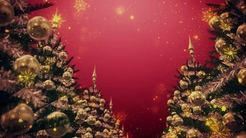 Christmas Trees with Golden Ornaments and Falling Snowflakes Background