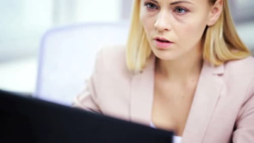 Business, People, Stress, Problem And Technology Concept - Young Businesswoman With Computer Work...