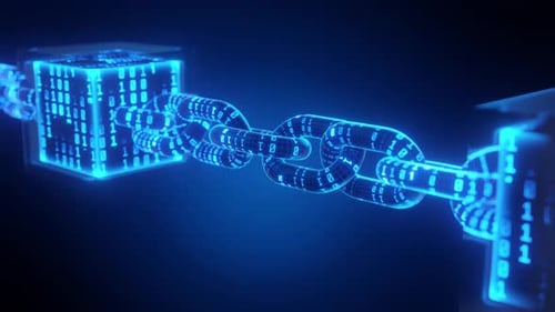 Futuristic Blockchain Data Network with Glowing Binary Code Cubes