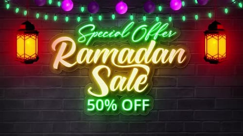 Texte en néon avec lanterne et lumières V2 pour les soldes du Ramadan