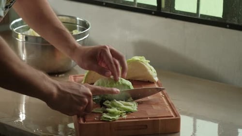 Hands slice cabbage into bowl on kitchen counter in natural light