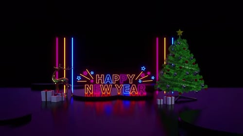 Happy New Year Neon Title Animation with Festive Christmas Elements