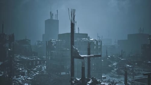 Desolate Urban Landscape in Twilight After Catastrophic Destruction