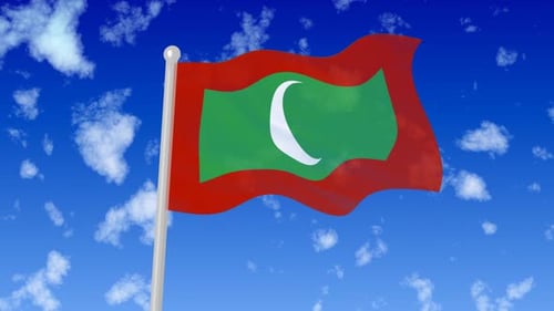 Maldives National Flag Waving with Clouds in Blue Sky