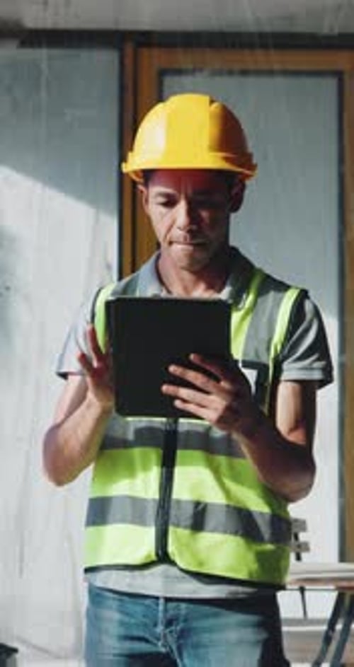 Engineering, planning and man with tablet, construction site for building project and connection