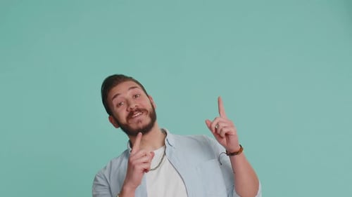 Lebanese Man Showing Thumbs Up Pointing Empty Place Advertising Area for Commercial Text Copy Space