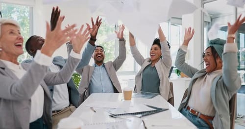 Business people, throwing paper or success meeting in winner finance planning