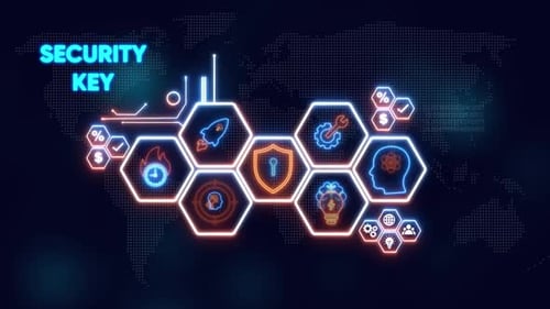 Sicherheitsschlüsselkonzept mit digitalen Icons und Weltkartentechnologie