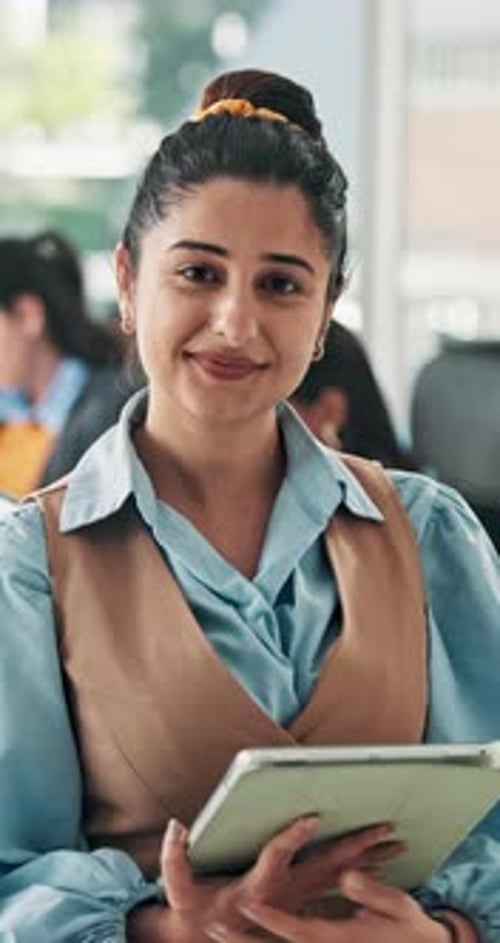 Face, smile and woman with tablet in creative agency, planning editorial calendar and professional